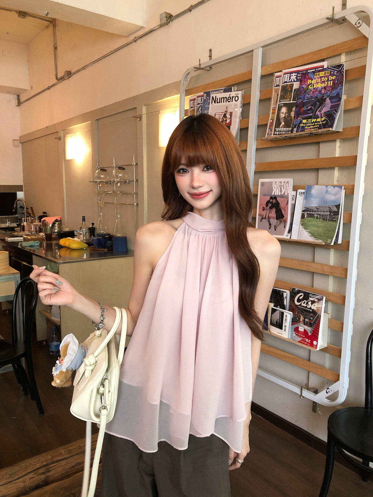 粉色不规则下摆挂脖背心女夏韩系甜美上衣 服裝批發女裝批發服飾貨源