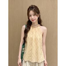 批发已出货 多巴胺黄格纹挂脖<b class='q'>雪纺衫</b>上衣女夏季气质宽松<b class='q'>无袖</b>吊带背心