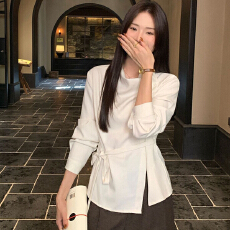 批发<b class='q'>韩版</b>系带侧扣长袖<b class='q'>衬衫</b>女春夏圆领收腰小众设计感<b class='q'>衬衣</b>外穿遮肚子