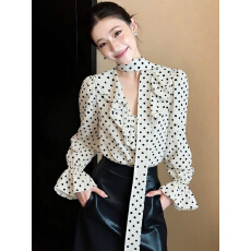 绝美巨好看小衬衫高级感轻奢减龄洋气小众设计感波点飘带上衣