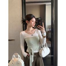批发高品质麦穗花韩系撞色假两件t恤女早秋绑带拼接长袖<b class='q'>打底</b>衫<b class='q'>上衣</b>