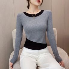 批发高品质圆领修身<b class='q'>打底</b>衫T恤女高级感百搭体恤设计感收腰显瘦长袖