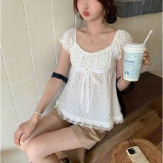 批发高品质韩系纯欲辣妹风波点蕾丝泡泡袖可爱<b class='q'>衬衣</b><b class='q'>短袖</b><b class='q'>T</b><b class='q'>恤</b>女装夏季