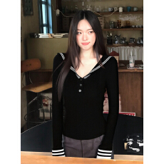 批发高品质【安迪绒洗水】海军领针织衫女早秋季黑色修身显瘦长袖上