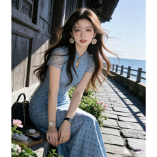 批发高品质法式蓝色波点短袖<b class='q'>旗袍</b>连衣裙女<b class='q'>夏季</b>绝美巨好看气质修身包