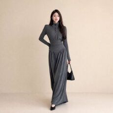 批发高品质学院风连衣<b class='q'>裙</b>女秋冬复古立领A字<b class='q'>裙</b><b class='q'>修身</b>显瘦打底灰长<b class='q'>裙</b>子