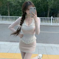 批发高品质挂脖蕾丝小个子吊带开衫上衣+波点半身裙套装女春秋