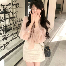 批发高品质miu系千金感气质粉色长袖衬衫法式温柔风荷叶边蝴蝶结上衣