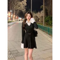 批发高品质辣妹黑色长袖<b class='q'>假两件</b><b class='q'>连衣裙</b>女收腰显瘦设计感中长款裙子