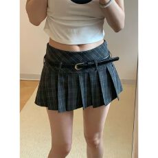 批发高品质复古格纹低腰百褶短裙设计感半身裙秋季<b class='q'>大码</b>A字裙子女