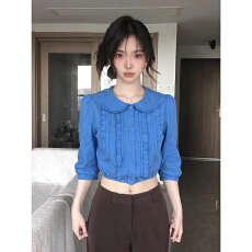 批发高品质木耳边娃娃领<b class='q'>中袖</b>衬衫女夏季修身衬衣气质短款