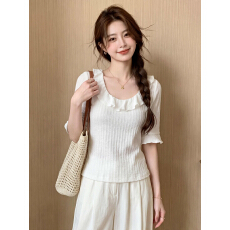 批发高品质法式温柔风白色短袖针织衫女夏季荷叶边<b class='q'>中袖</b>t恤别致绝美气