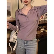 批发高品质长袖T恤女不规则连帽V领<b class='q'>上衣</b>中长款辣妹简约打底衫内搭