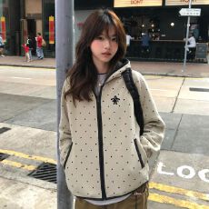 批发高品质<b class='q'>大码</b>女装200斤薄款卫衣女春秋波点拉链开衫<b class='q'>外套</b>连帽上衣