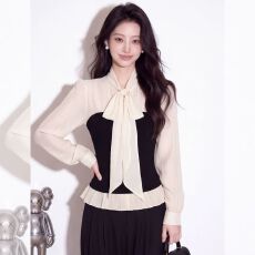 批发高品质2026年秋季法式假两件飘带<b class='q'>衬衫</b>女长袖收腰显瘦高级感上衣