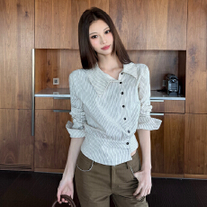 批发高品质原版面料】韩系复古条纹<b class='q'>衬衫</b>女翻领不规则收腰<b class='q'>衬衣</b>修身