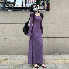 批发高品质名媛御姐风广州十三行女装爆款连衣裙紫色<b class='q'>修身</b>包臀长裙初
