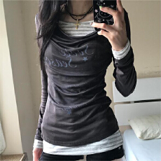 高品质原版做法假两件韩系假两件天丝荡领印花收腰显瘦长袖T