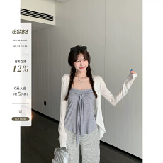 批发高品质<b class='q'>秋</b>季新款荷叶边开衫两件套外套女百搭纯欲微透长袖T恤减龄