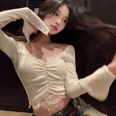 批发高品质 纯欲风长袖打底衫T恤女春秋辣妹性感<b class='q'>蕾丝拼接</b>短款上衣
