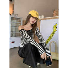 批发高品质小心机斜领<b class='q'>露肩</b>针织条纹女秋冬高级感设计感修身韩系chic