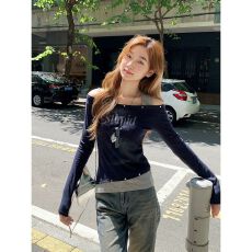 批发高品质两件挂脖长袖<b class='q'>t</b><b class='q'>恤</b>女2025秋季新款修身显瘦<b class='q'>露肩</b>打底衫上衣