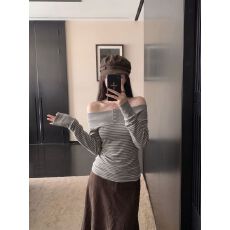批发高品质撞色条纹一字肩长袖<b class='q'>T</b><b class='q'>恤</b>女<b class='q'>露肩</b>韩系穿搭上衣潮