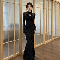 批发高品质复古新中式网纱改良<b class='q'>旗袍</b>连衣裙女秋冬性感显身材绝美包臀