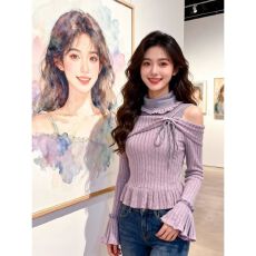 批发高品质韩系设计感<b class='q'>露肩</b>喇叭袖条纹长袖