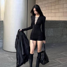 批发高品质官图实价 仿棉美式辣妹绑带v领连衣裤<b class='q'>女</b>春秋修身高腰连体