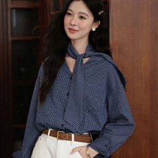 批发韩系长袖<b class='q'>格子</b><b class='q'>衬衫女</b>秋装2025新款绝美飘带衬衣气质宽松设计感上衣