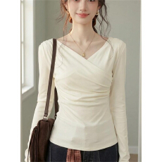 批发高品质【1*1 260克莫代尔】法式不规则荡领<b class='q'>长袖</b>上衣女修身显瘦内