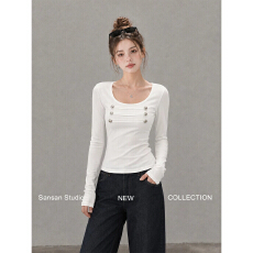 批发高品质【官图 1×1 随心裁260克】白色<b class='q'>长袖</b><b class='q'>T</b><b class='q'>恤</b>高级感金属扣修身