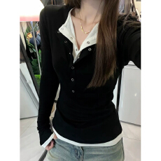 批发高品质韩系亨利领假两件<b class='q'>长袖</b><b class='q'>t</b><b class='q'>恤</b>女春季2025新款高级感修身显瘦收