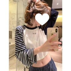 批发韩系撞色插肩袖<b class='q'>长袖</b><b class='q'>t</b><b class='q'>恤</b>女秋季薄款防晒罩衫条