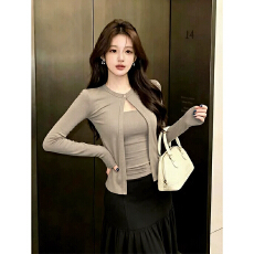 批发高品质260克人棉    设计感假两件<b class='q'>长袖</b><b class='q'>T</b><b class='q'>恤</b>女短款2026早秋季新款