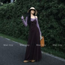 批发高品质撞色假两件<b class='q'>长袖</b>连衣裙女早秋天穿搭露肩垂感<b class='q'>长裙</b>子