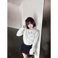 批发高品质法式学院甜美蕾丝荷叶新款娃娃<b class='q'>长袖</b>衬衫<b class='q'>白色</b>设计秋季短款衬
