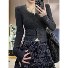 批发高品质 v领蕾丝内搭<b class='q'>打底</b>衫秋季新款针织短款<b class='q'>上衣</b>设计感小众