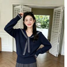 批发高品质小个子秋款设计感减龄海军领带披肩长袖毛衣