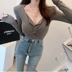 批发高品质<b class='q'>韩国</b>春夏新款交叉褶皱设计感v领长袖T恤女修
