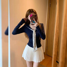 批发高品质1随心裁撞色条纹海军领飘带长袖T恤女秋学院风修身显瘦打
