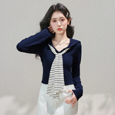 批发高品质随心裁撞色条纹海军领飘带长袖T恤女秋学院风修身显瘦打