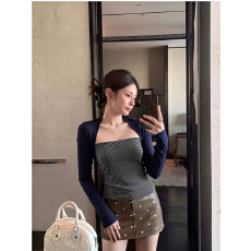 批发高品质260克人棉+<b class='q'>全棉</b>色织条】条纹抹胸长袖t恤女秋季修