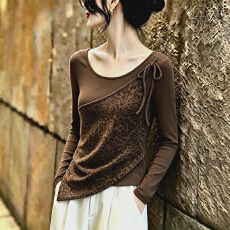 批发高品质【德绒螺纹】秋款<b class='q'>韩版</b>假两件豹纹拼接女秋季不规则<b class='q'>长袖</b>
