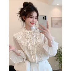批发高品质法式宫廷风蝴蝶结系带<b class='q'>蕾丝</b>衬衫女春季2026新款气质减龄雪纺