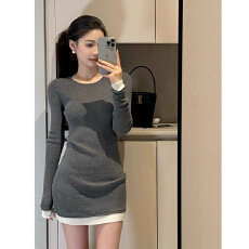 批发高品质黑色针织<b class='q'>假两件</b>撞色打底<b class='q'>连衣裙</b>女秋季新款修身内搭辣妹包