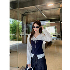 批发高品质（人棉）撞色系带翻领<b class='q'>衬衫</b>女秋季小众设计感修身显瘦长袖