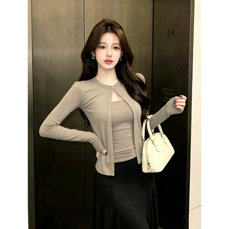 BY35174# 假两件原版莫代尔人棉设计感假两件长袖T恤女秋 服裝批發女裝批發服飾貨源