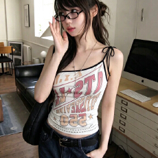 批发高品质美式纯欲单肩吊带女装复古背心印花修身辣妹无袖短款<b class='q'>百搭</b>